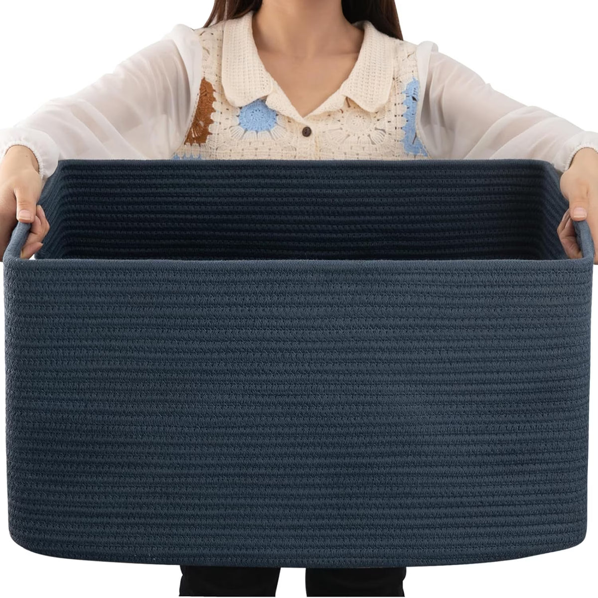 75L Large Woven Cotton Rope Blanket Storage Basket with Handle N80399