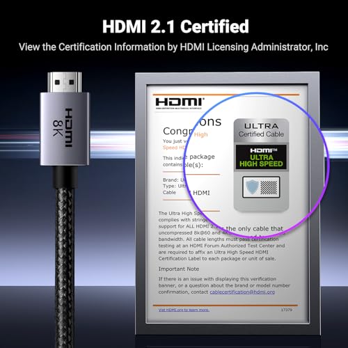 8K HDMI 2.1 Cable 48Gbps 16FT Certified Ultra High Speed HDMI Cord Aluminum G40794