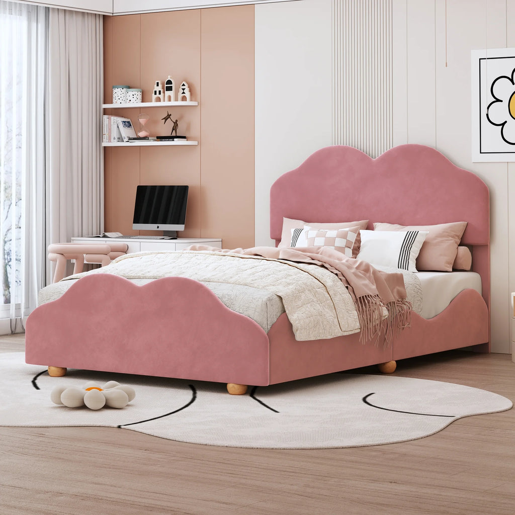 Dark Pink Upholstered Full Size Platform Bed Frame with Headboard D79305