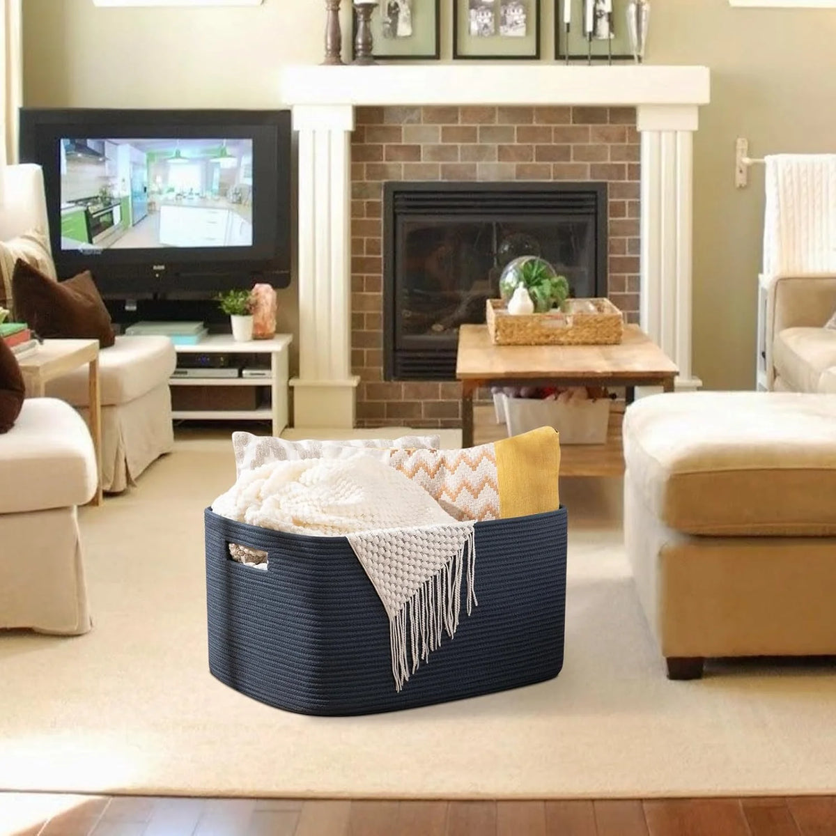 75L Large Woven Cotton Rope Blanket Storage Basket with Handle N80399