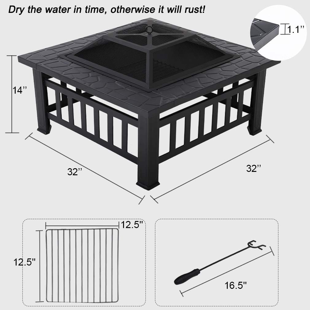 32'' Black Metal Square Wood Burning Fire Pit J25288