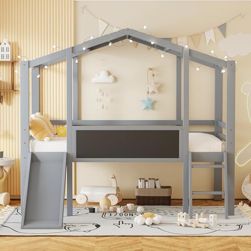 White Twin Low Loft Bed with Slide and Storage Shelves Z2629
