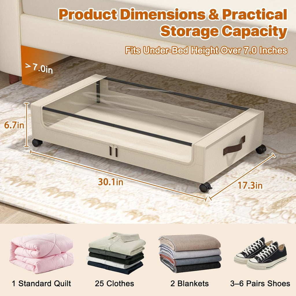 White 4 Pack 60L Under Bed Storage Bins with Wheels and Clear Lids A92319