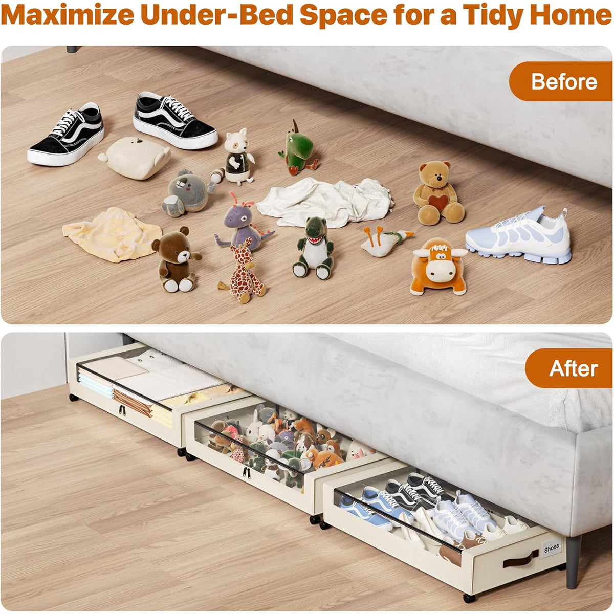 White 4 Pack 60L Under Bed Storage Bins with Wheels and Clear Lids A92319
