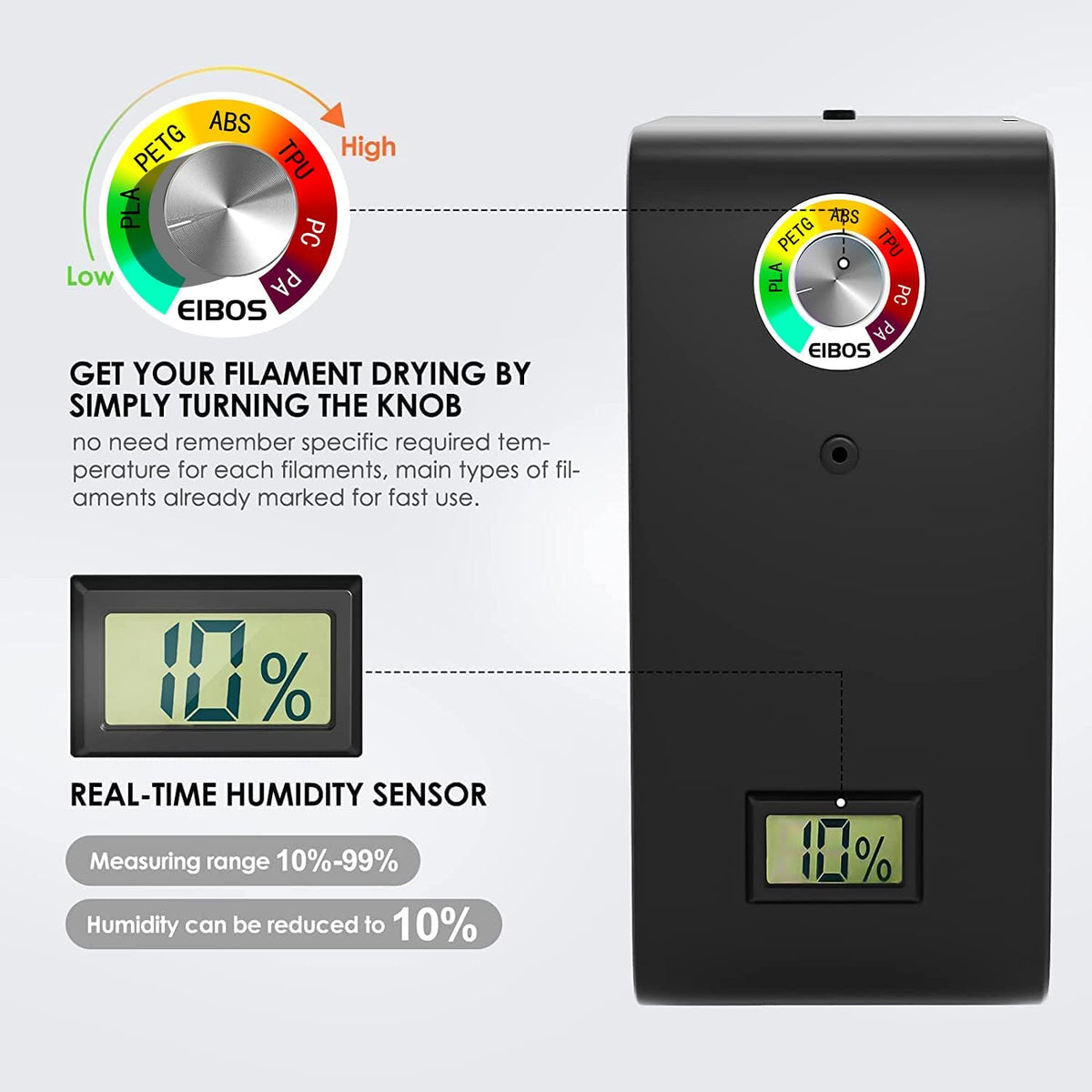 3D Printer Filament Dryer with Fan, Adjustable Temperature, Humidity Control & Spool Holder D92017