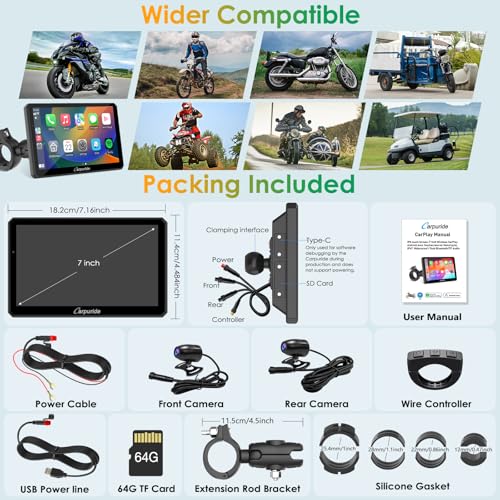 7" Waterproof Motorcycle Carplay Screen with Dual Dash Cam P4909