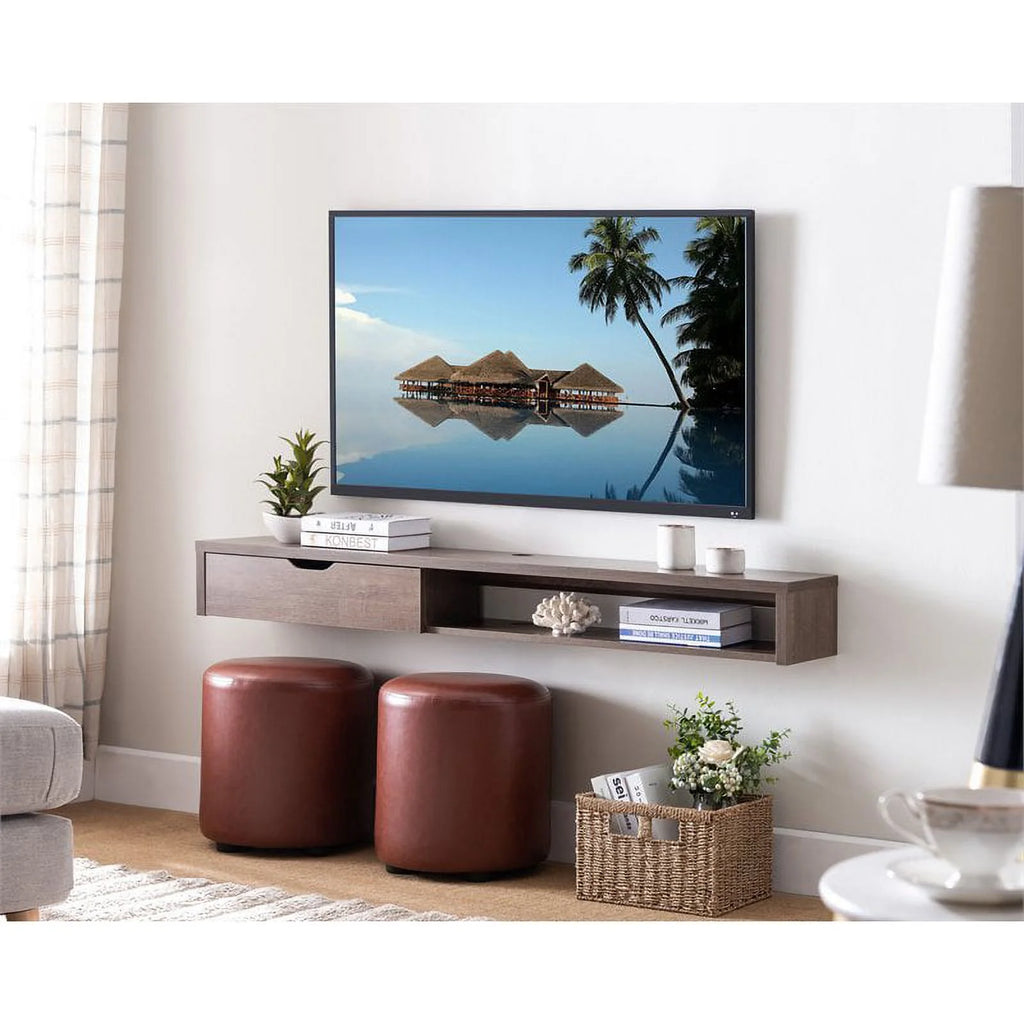 Walnut Oak Wood Floating TV Stand with Storage T294895