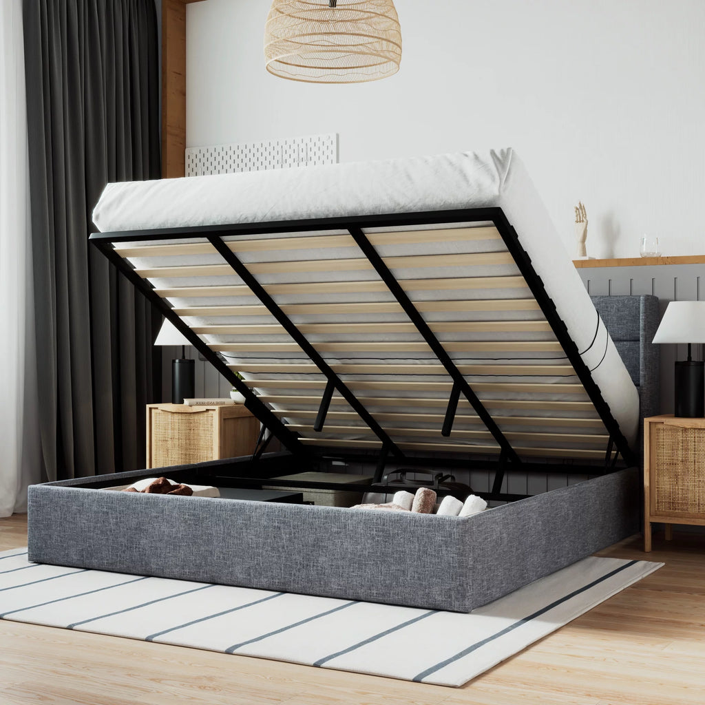 Beige Queen Size Lift Up Platform Bed Frame with Headboard I891821