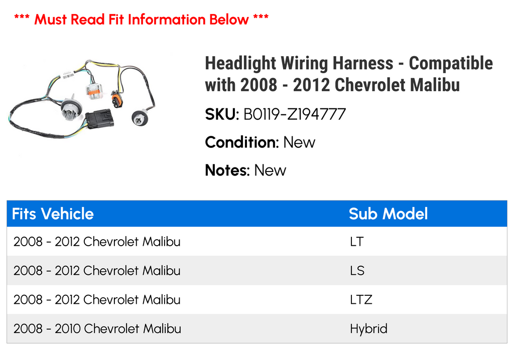 Headlight Wiring Harness for 2008-2012 Chevy Malibu E1566