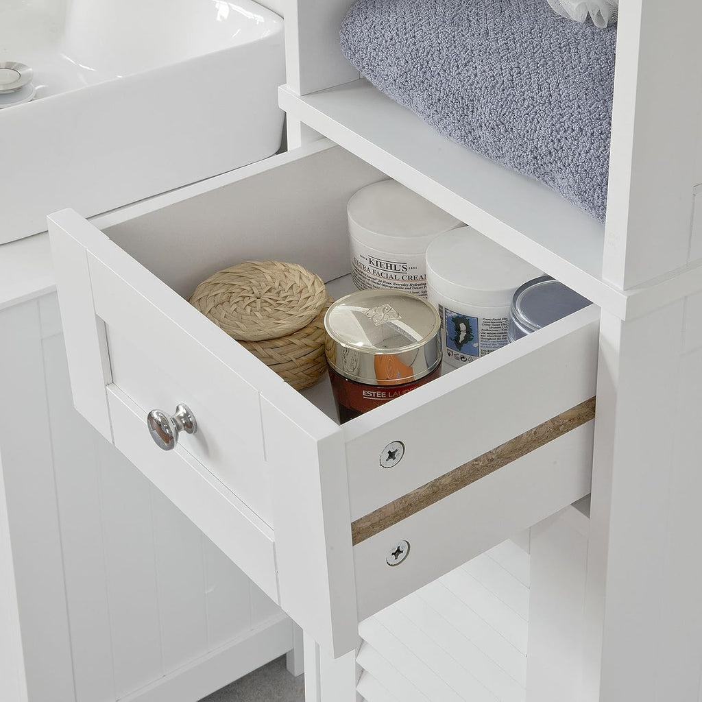 White Floor Standing Tall Bathroom Storage Cabinet with Shelves and Drawers V487323