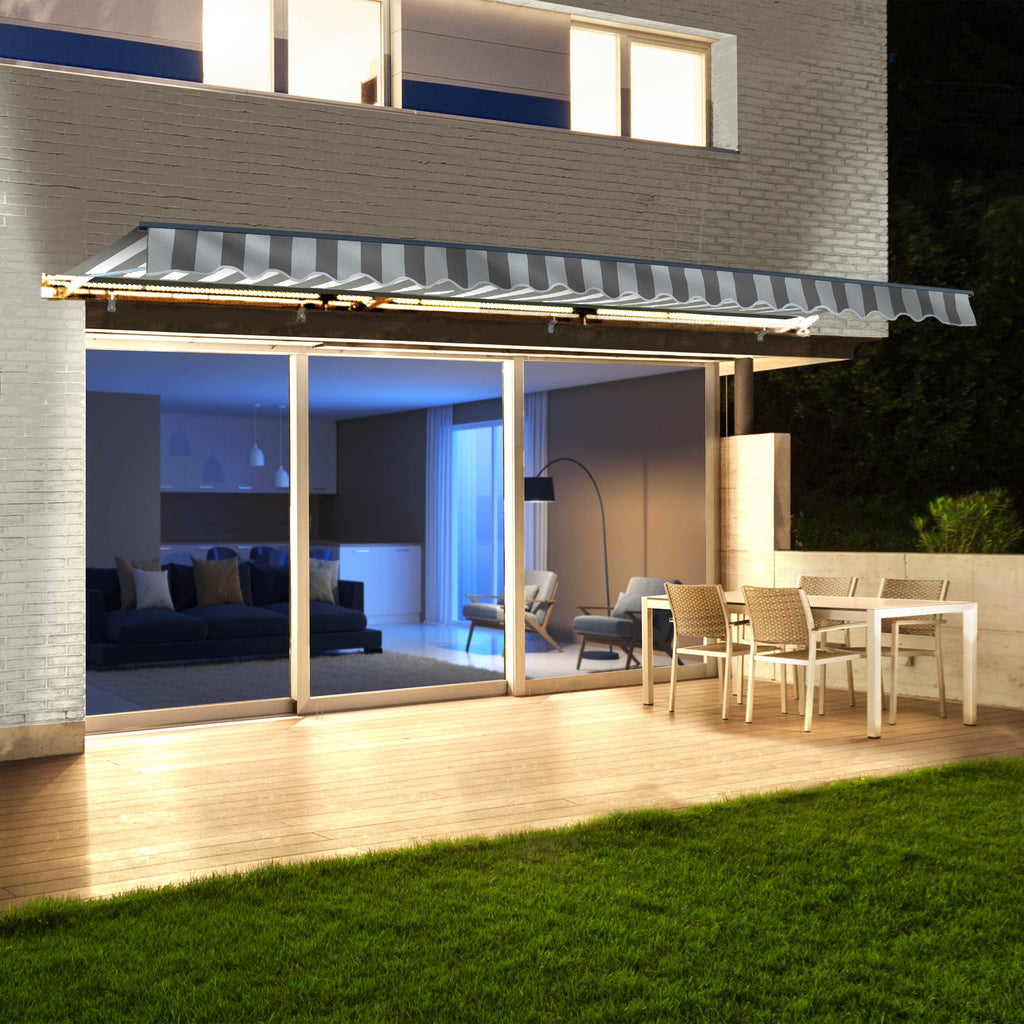 Gray White Striped Motorized Retractable Patio Awning M132592