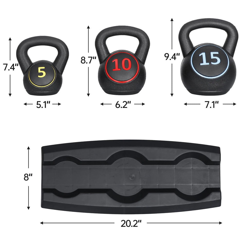 3 Piece 5lb 10lb 15lb Kettlebell Set with Storage Rack F702283