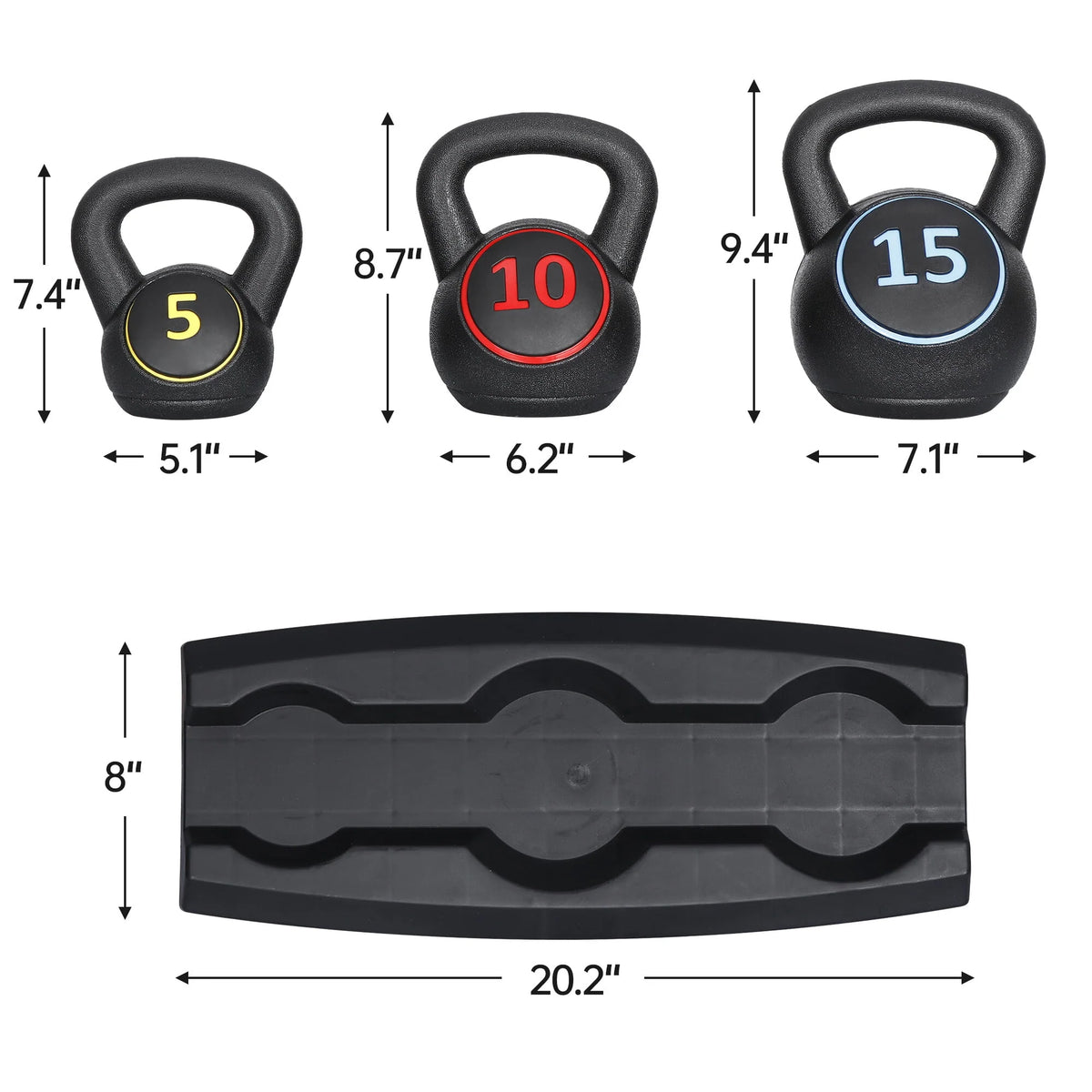 3 Piece 5lb 10lb 15lb Kettlebell Set with Storage Rack F702283