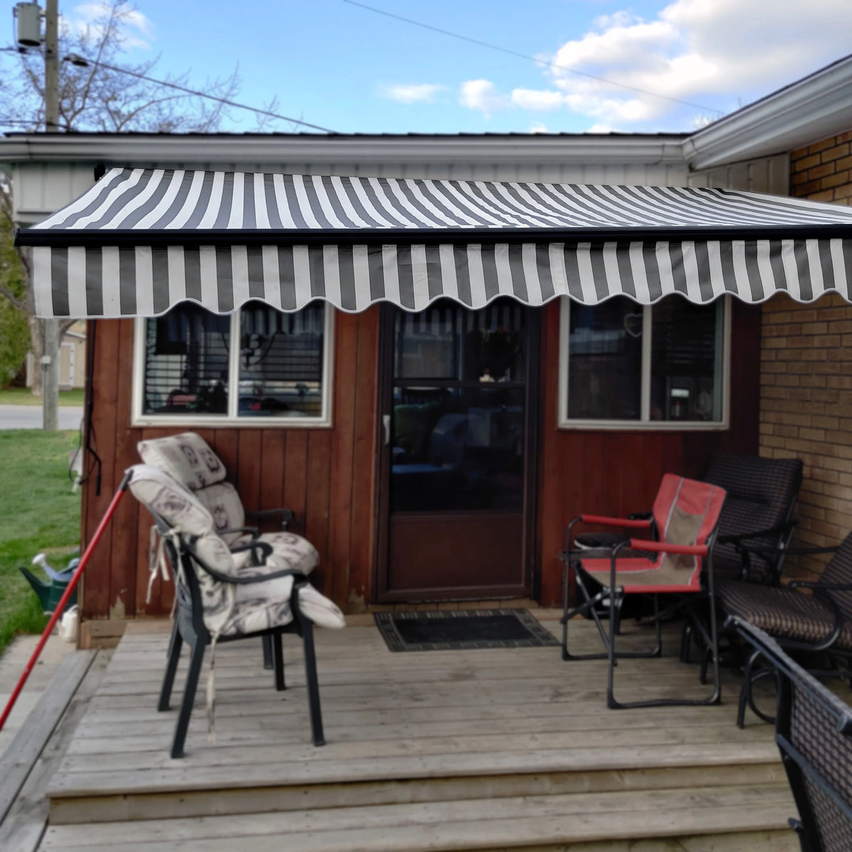 Gray White Striped Motorized Retractable Patio Awning M132592