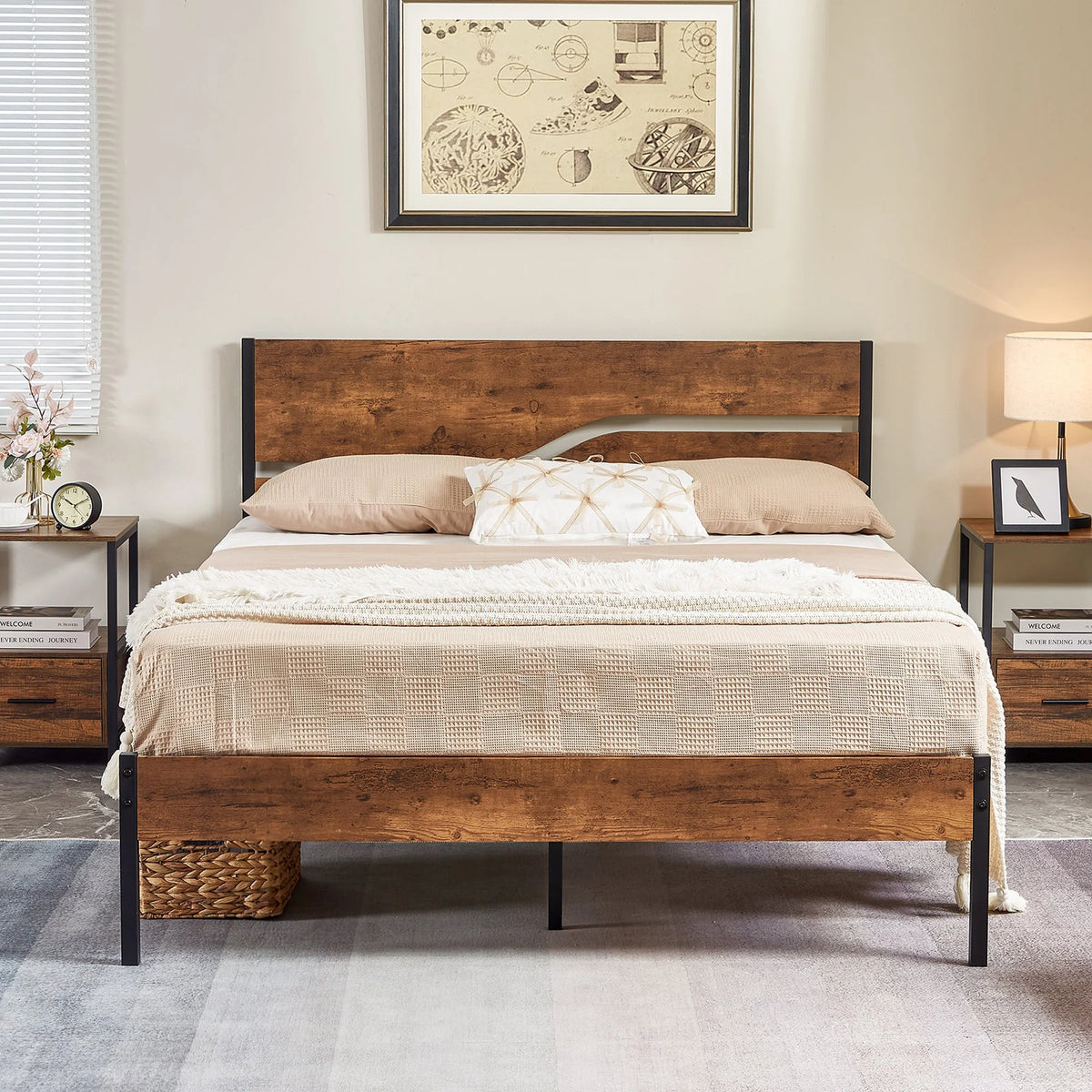 3-Piece Full Bedroom Set with Platform Bed Frame and 2 Nightstand L243