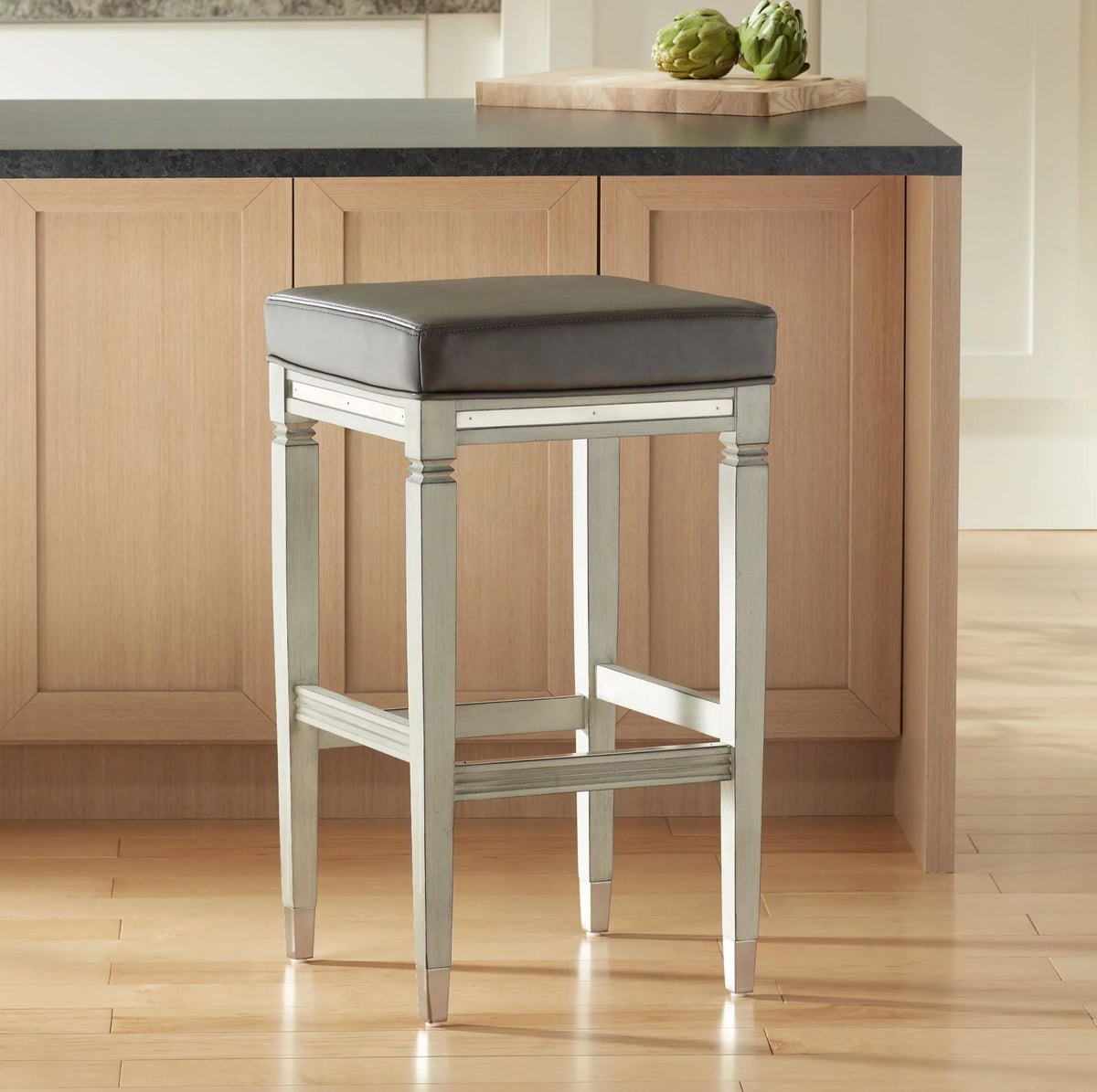 Wood Bar Stool Gray Faux Leather Footrest F2300