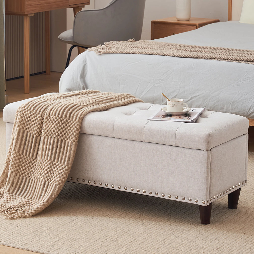 Off-White Linen Upholstered Storage Bench D628252