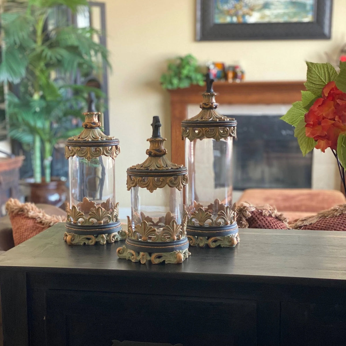 Antiqued Gold 3-Piece Glass Cylinder Canister Set Y647