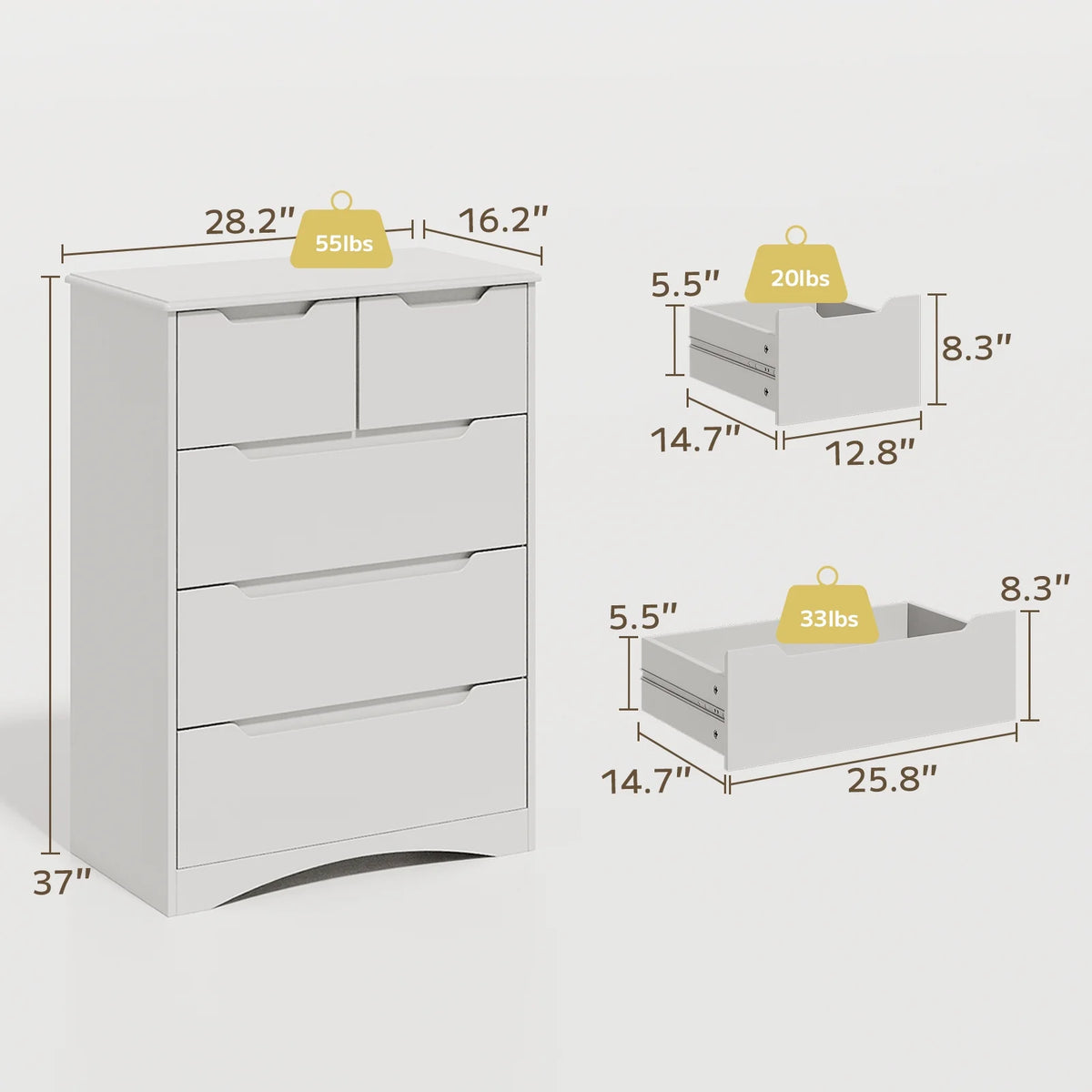 White 5 Drawer Wood Dresser V402