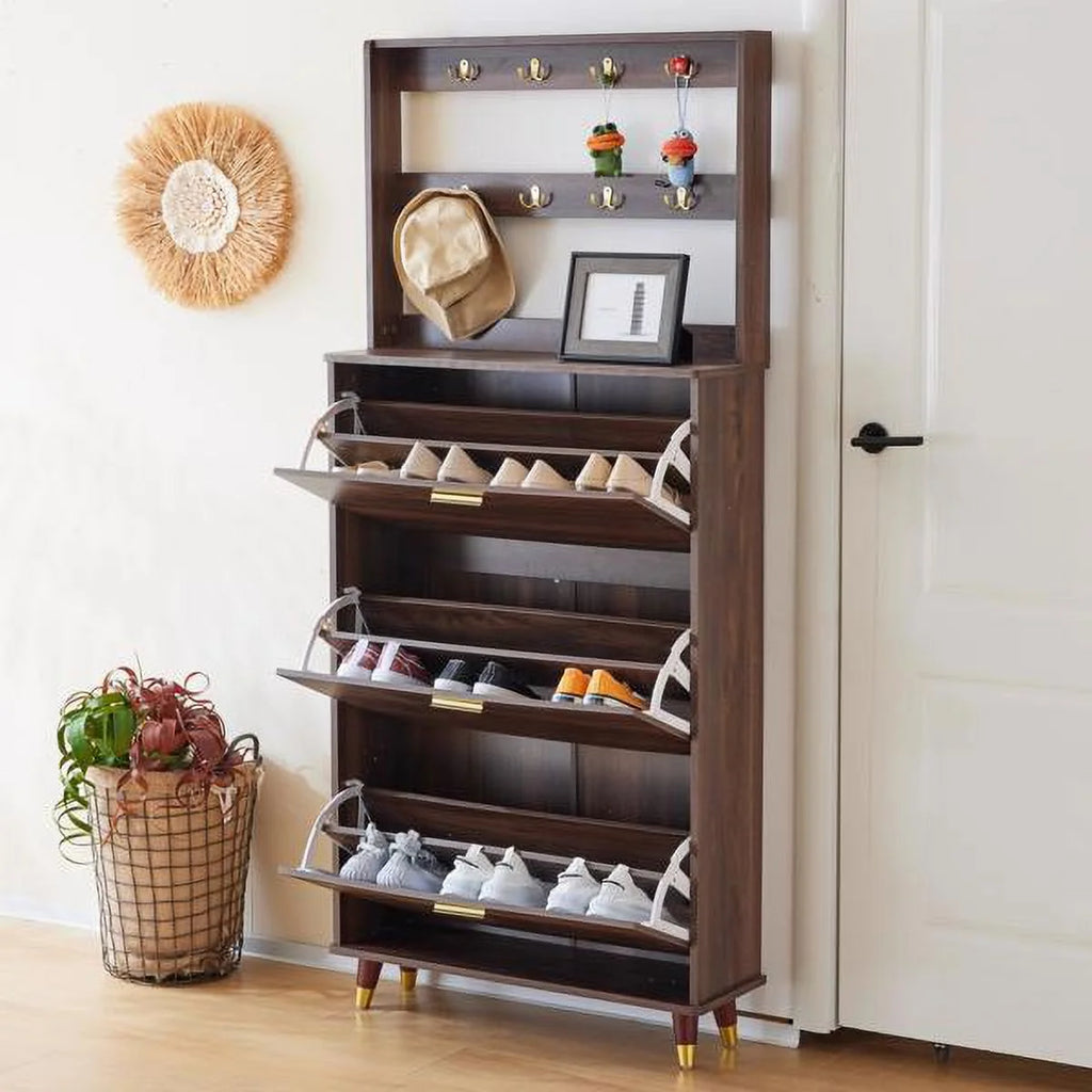 Brown Hall Tree with 12 Hooks & 3 Shoe Cabinets Y435805