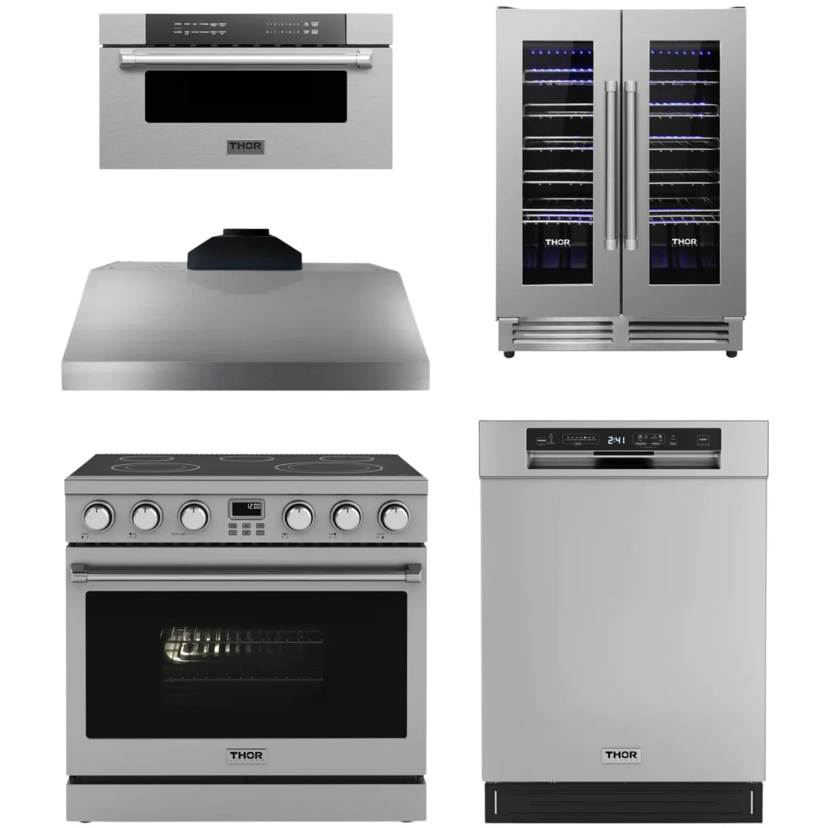 36 Electric Range, Range Hood, Dishwasher, Microwave and Wine Cooler K649