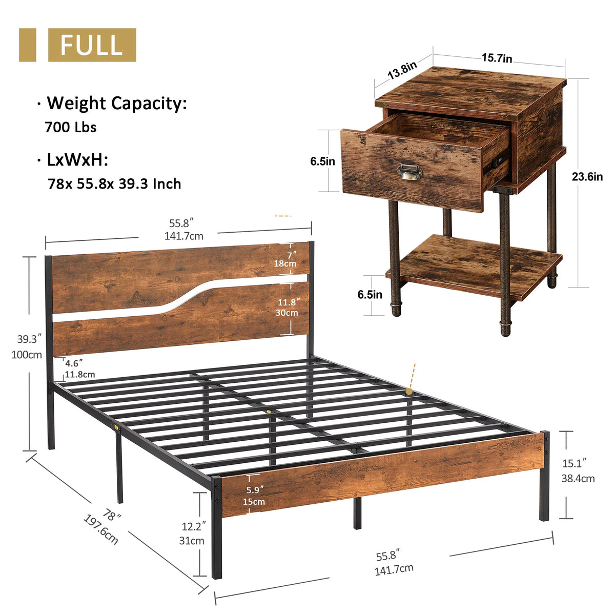 3-Piece Full Bedroom Set with Platform Bed Frame and 2 Nightstand L243