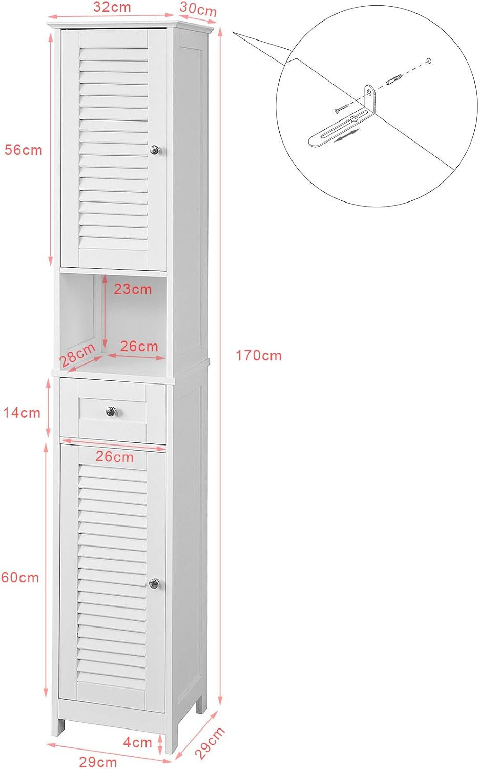 White Floor Standing Tall Bathroom Storage Cabinet with Shelves and Drawers V487323