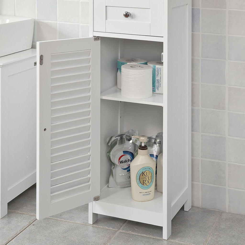 White Floor Standing Tall Bathroom Storage Cabinet with Shelves and Drawers V487323