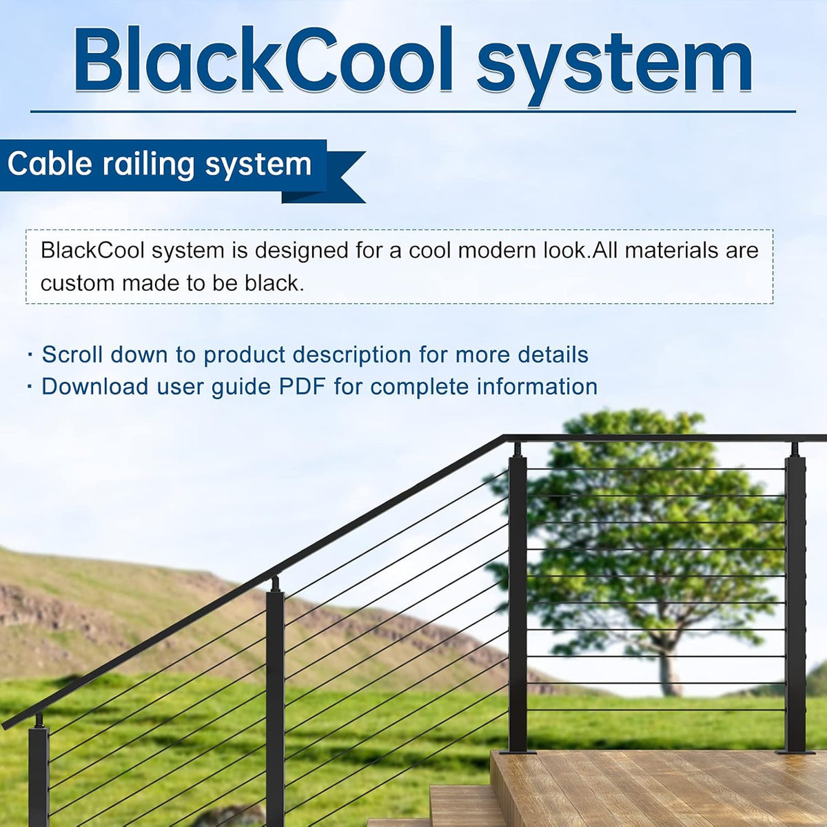 Black 30 Degree Stair Pre-Drilled Angle Holes 36x2x2 Stainless Steel Square Weldless Cable Railing Post I660402