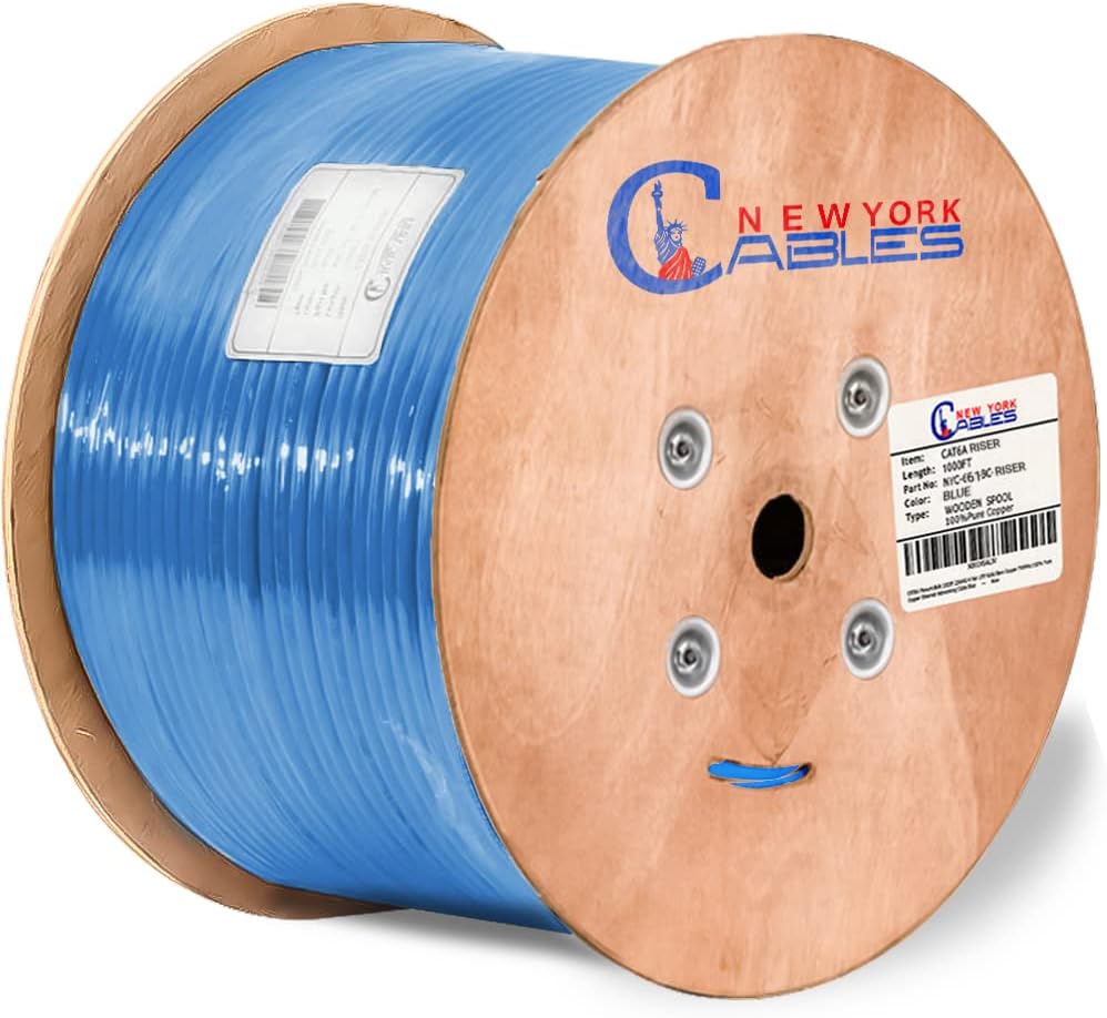 Cat6a Riser Bulk Ethernet Cable 1000ft CMR Rated Spool Solid Bare Copper 23AWG UTP Black Z1088