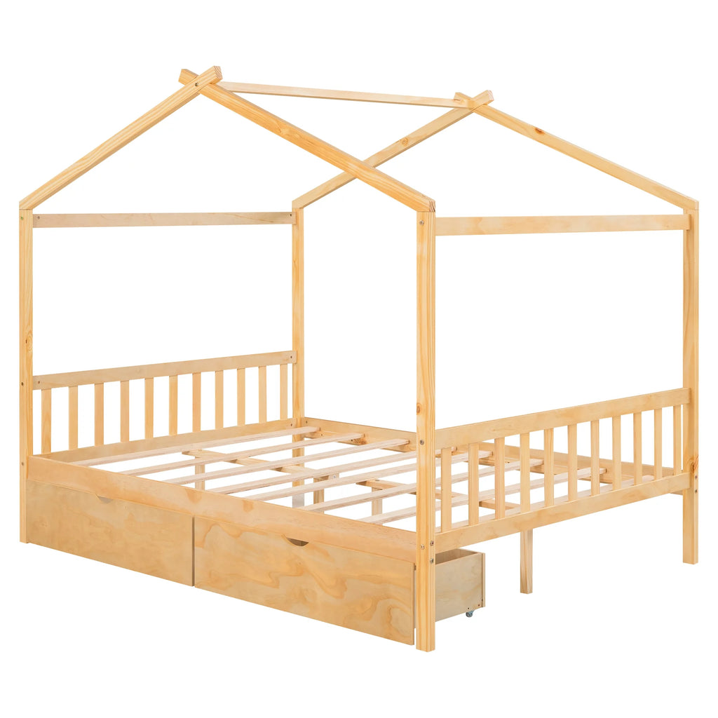 Full Size House Bed with Roof and 2 Drawers Y731