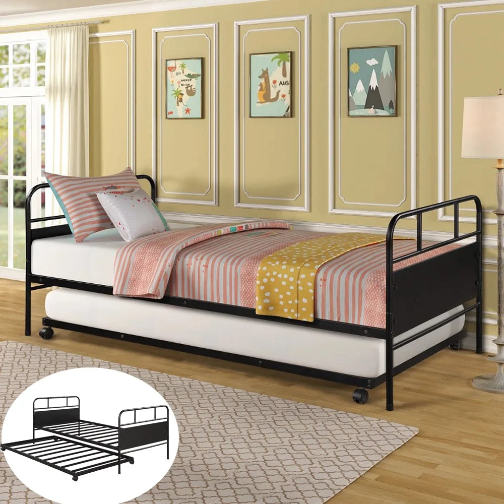 Twin Daybed with Trundle Metal Bed Frame Black S1301