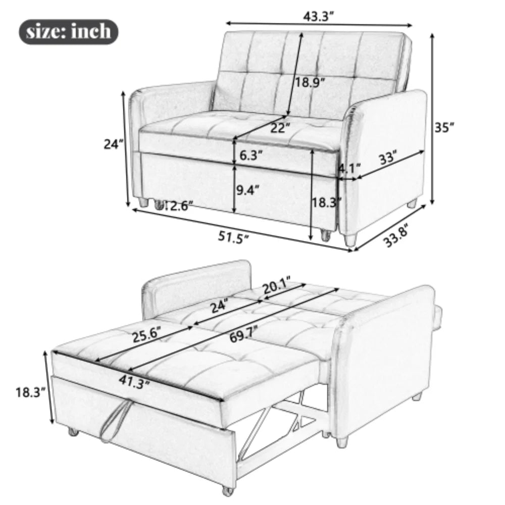 51" Convertible Sleeper Bed, Adjustable Oversized Armchair with Dual USB Ports G307