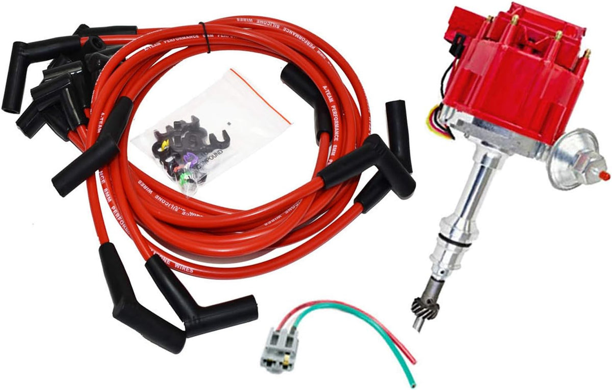 HEI Distributor 65K Coil Complete with 8mm Red Silicone Spark Plug Wires and Battery-Pigtail Harness Kit R788