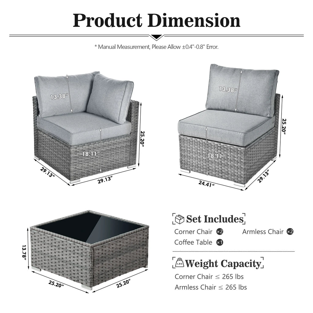 5 Piece Outdoor Patio Furniture Set Wicker Rattan Sectional Couch, Dark Grey X5781