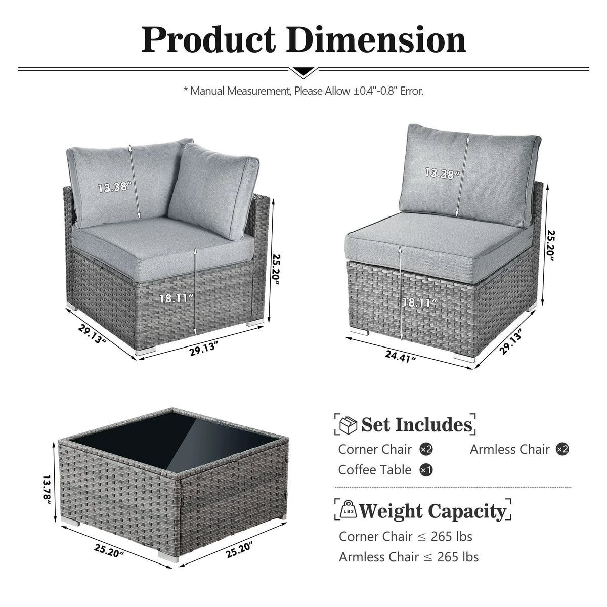 5 Piece Outdoor Patio Furniture Set Wicker Rattan Sectional Couch, Dark Grey X5781