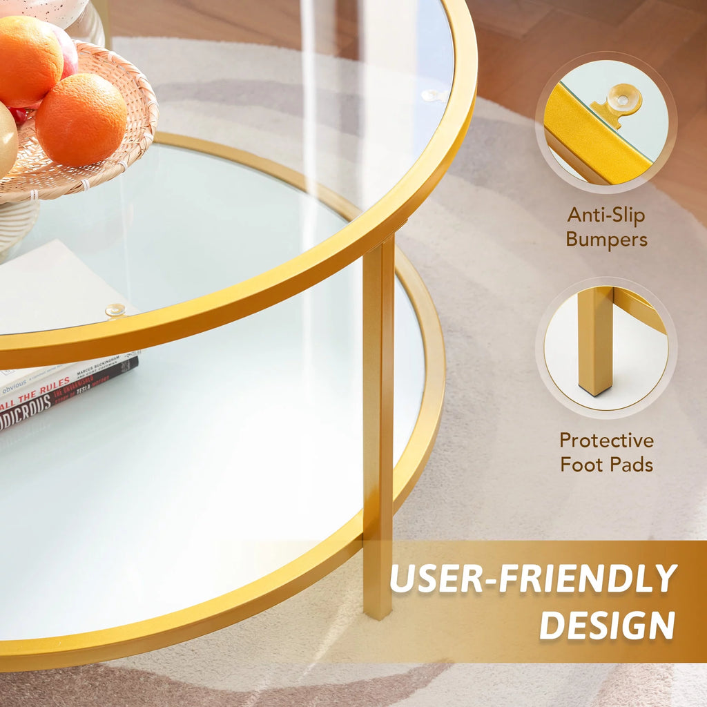 Glass Coffee Table with Storage Shelf Metal Frame Gold P4072