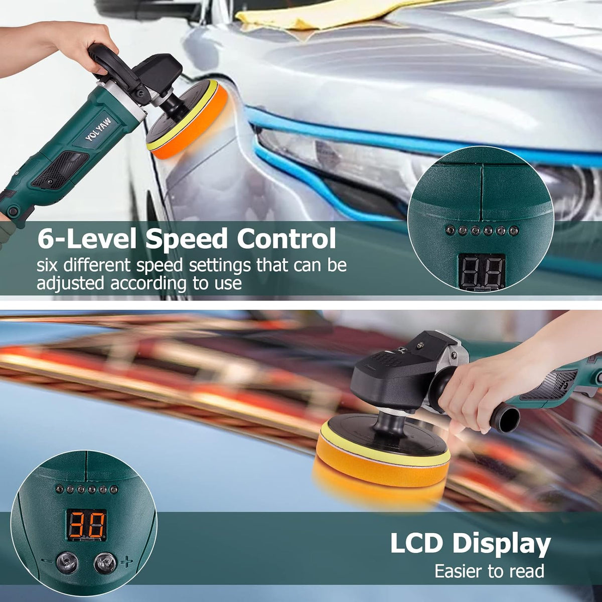 Rotary Car Polisher with 6” and 7“ Backing Plate, 4 Foam Pads I5303