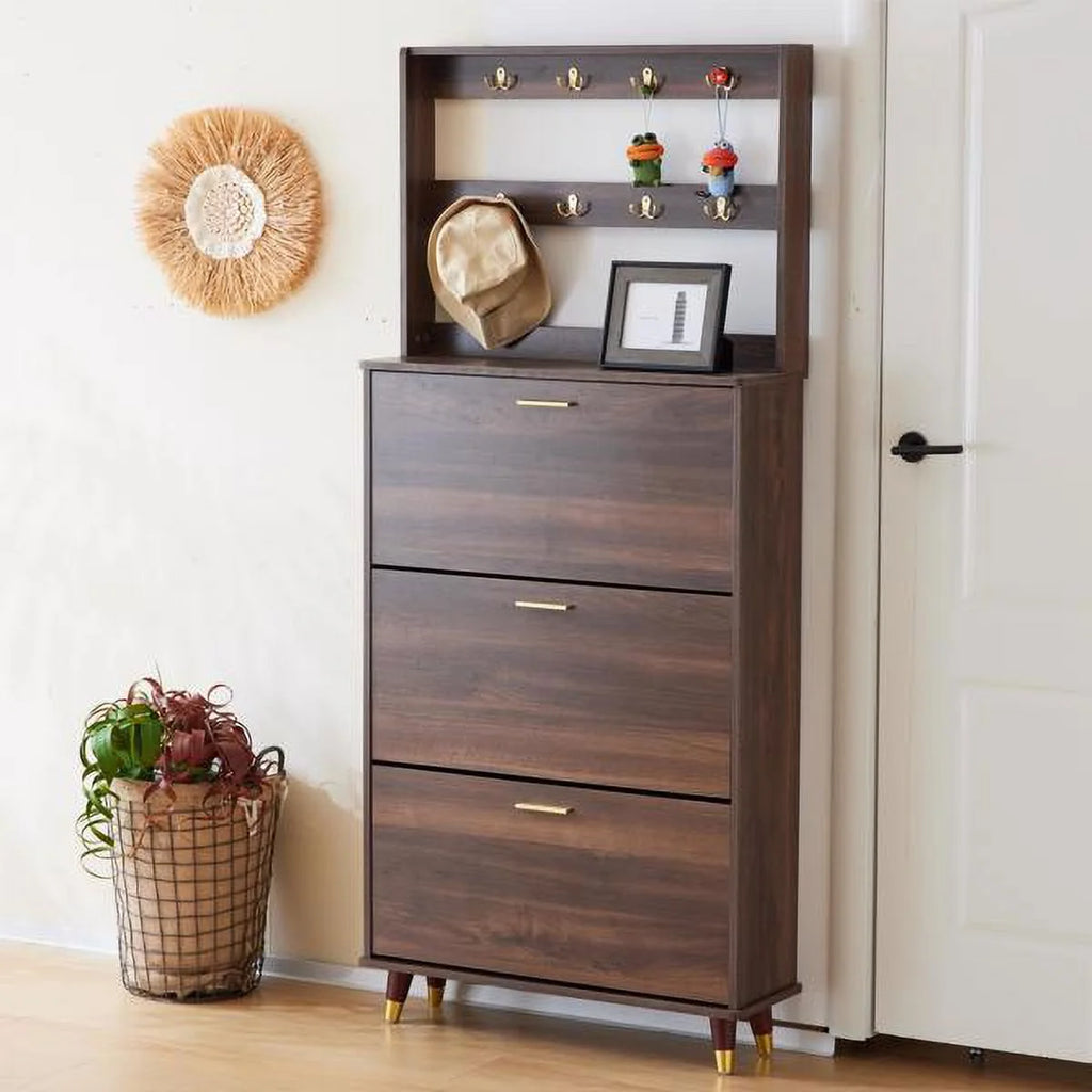 Brown Hall Tree with 12 Hooks & 3 Shoe Cabinets Y435805