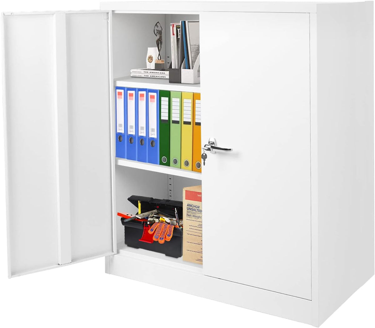 White Metal Steel Locking Storage Cabinet with Doors and Shelves L71219
