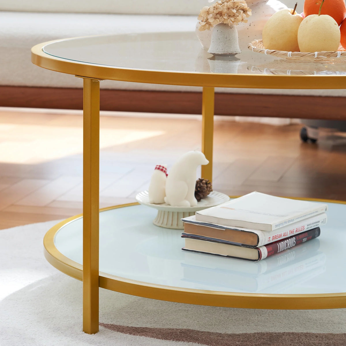 Glass Coffee Table with Storage Shelf Metal Frame Gold P4072
