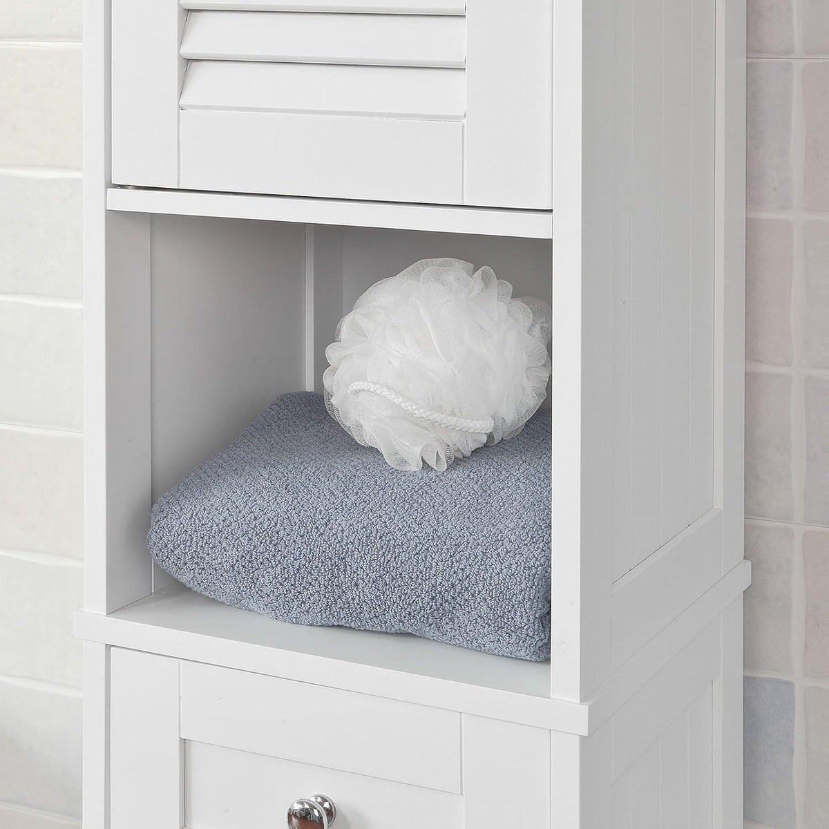 White Floor Standing Tall Bathroom Storage Cabinet with Shelves and Drawers V487323