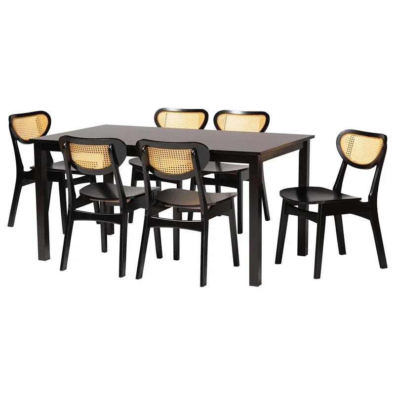 Dark Brown Wood and Woven Rattan 7-Piece Dining Set I155988