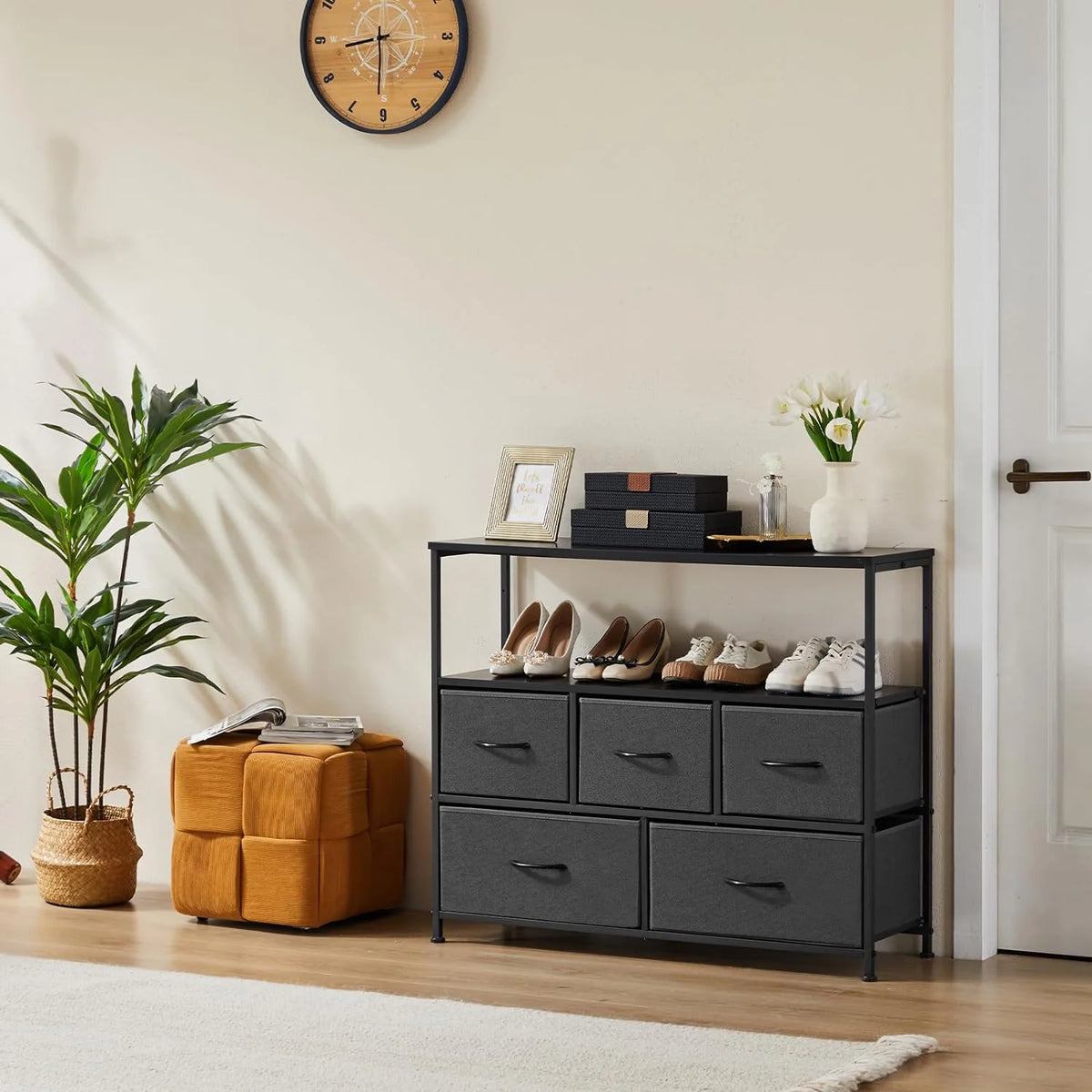 5 Fabric Drawer Dresser with Wood Top and Steel Frame G801531
