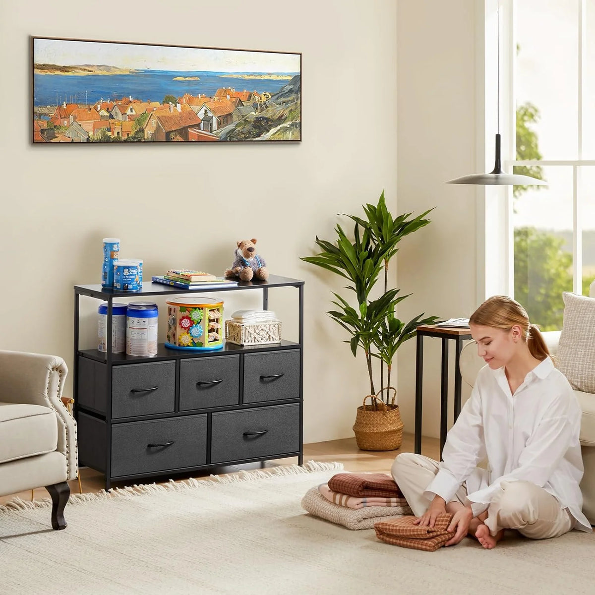 5 Fabric Drawer Dresser with Wood Top and Steel Frame G801531