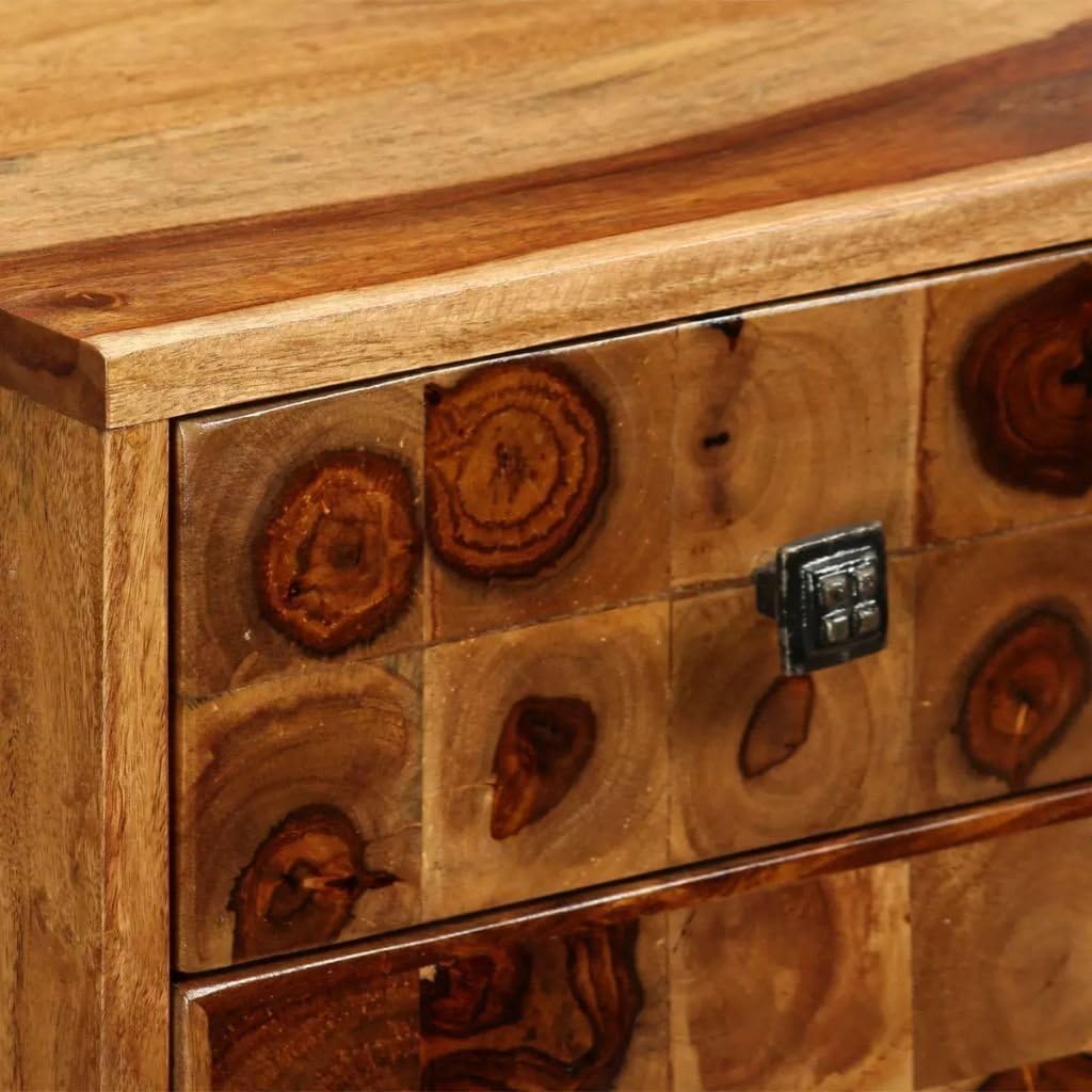 Solid Sheesham Wood Nightstand with Iron Legs and Storage Drawer I842