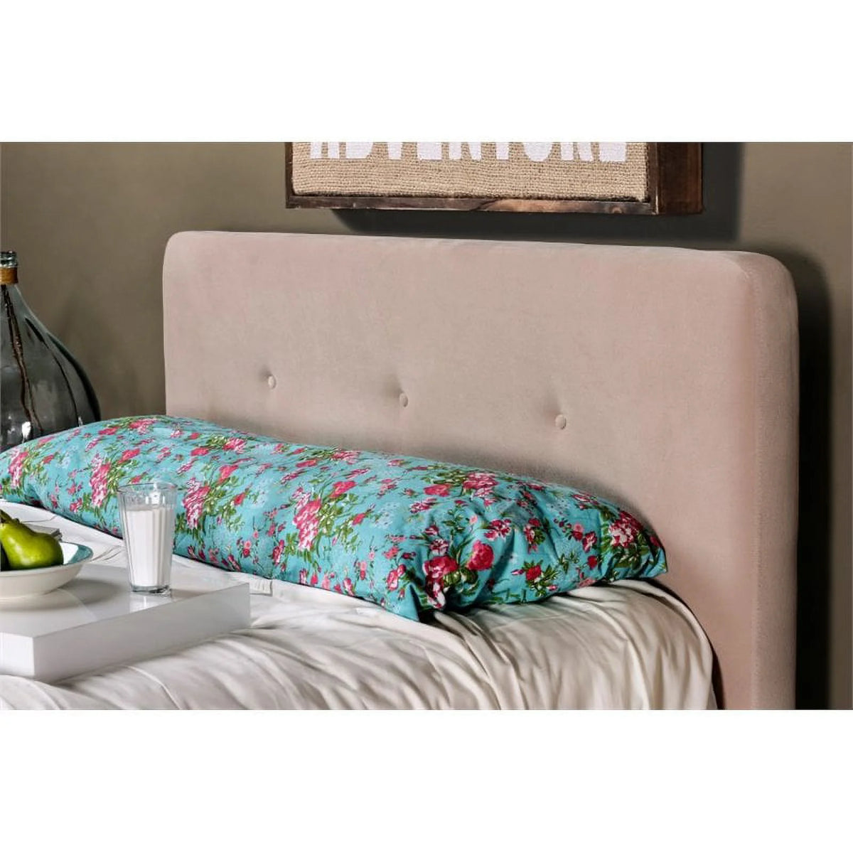 Beige Chenille Upholstered Queen Platform Bed W800413