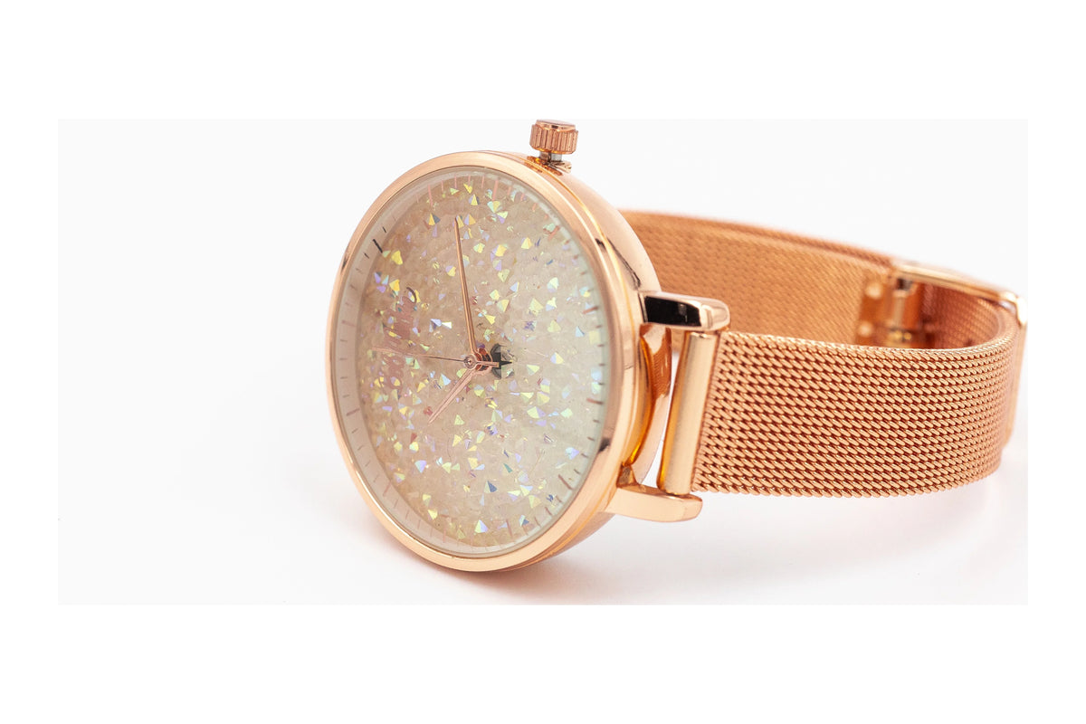 Women's Rose Gold Glitter-Dial Mesh Strap Watch U69895