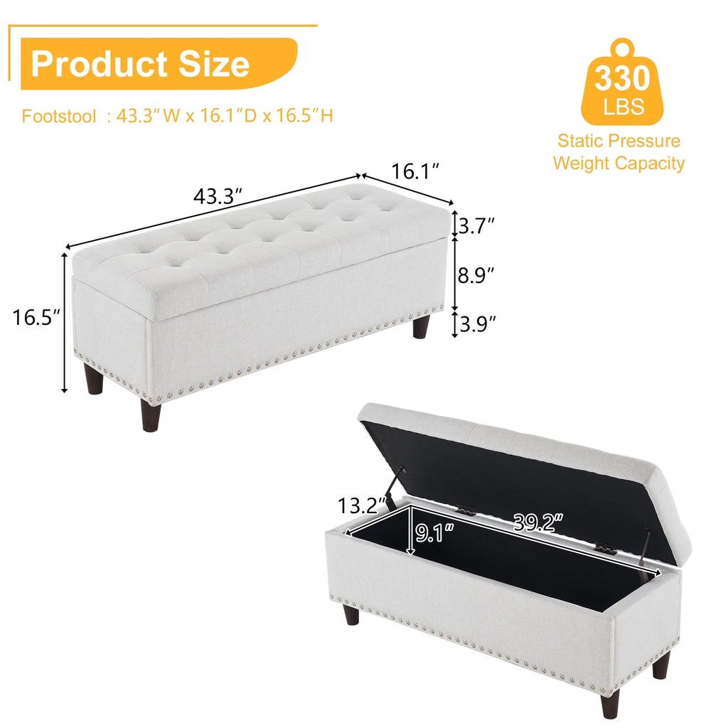 Off-White Linen Upholstered Storage Bench D628252
