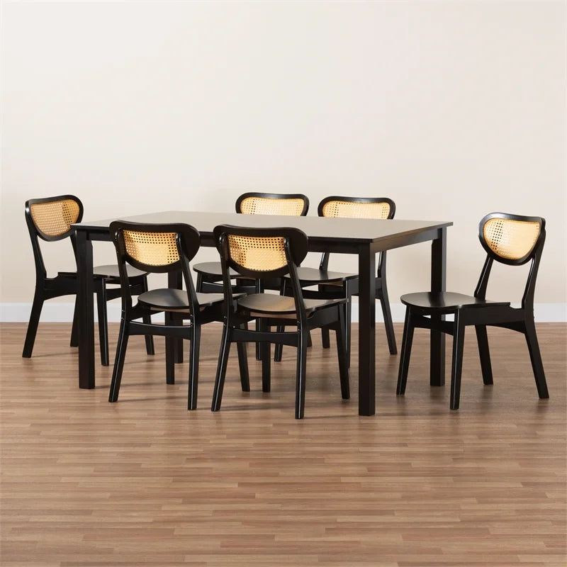 Dark Brown Wood and Woven Rattan 7-Piece Dining Set I155988